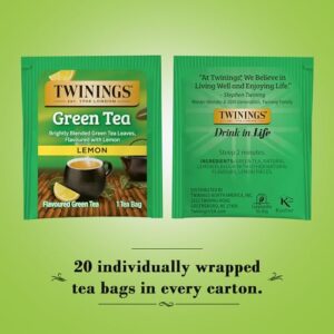 Twinings Green Tea with Lemon - Flavorful Green Tea with Lemon Pieces, Caffeinated Tea Bags Individually Wrapped, 20 Count