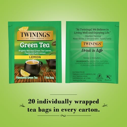 Twinings Green Tea with Lemon - Flavorful Green Tea with Lemon Pieces, Caffeinated Tea Bags Individually Wrapped, 20 Count