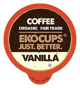 ekocups artisan organic vanilla flavored hot or iced coffee, medium roast, in recyclable single serve cups for the keurig k cup brew, 10 count (pack of 4)