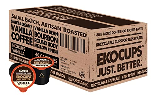 EKOCUPS Artisan Organic Vanilla Flavored Hot or Iced Coffee, Medium roast, in Recyclable Single Serve Cups for the Keurig K Cup Brew, 10 Count (Pack of 4)