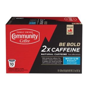 community coffee 2x caffeine medium roast, 10 count coffee pods, compatible with keurig 2.0 k-cup brewers, 10 count (pack of 1)