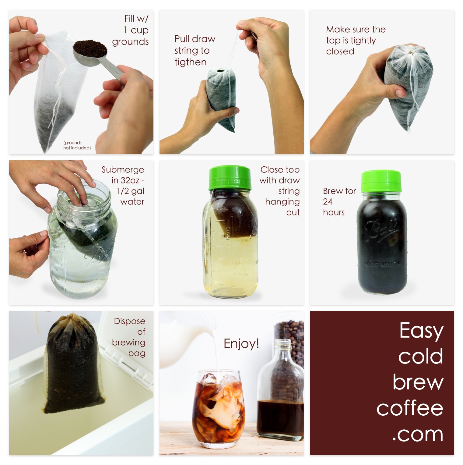 No Mess Cold Brew Coffee Filters - Easy, Single Use Filter Sock Packs, Disposable, Biodegradable Fine Mesh Brewing Bags for Concentrate, French/Cold Press Kit, Hot Tea in Mason Jar or Pitcher