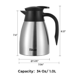 Tiken 34 Oz Thermal Coffee Carafe, Stainless Steel Insulated Vacuum Coffee Carafes For Keeping Hot, 1 Liter Beverage Dispenser (Silver)