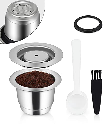 Reusable Coffee Capsules for Nespresso Originales, Stainless Steel Refillable Coffee Pods, 1pcs Reutilisable Refillable Espresso Capsule(1 Cup+ Plastic Spoon)