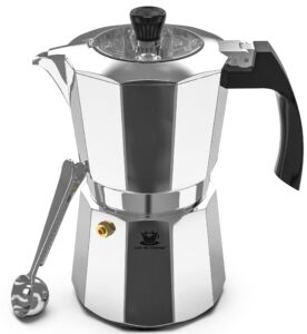 cafe du chateau espresso maker (6 cup) transparent top lid, high gloss finish, with coffee clip spoon - coffee percolator, camping coffee pot