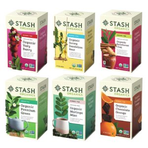 stash tea organic variety pack sampler assortment - non-gmo project verified premium tea with no artificial ingredients, 18 count (pack of 6) - 108 bags total