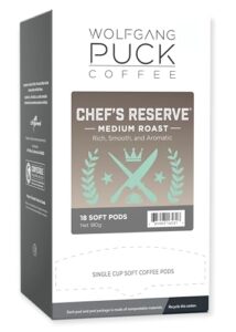 wolfgang puck coffee, chef's reserve, medium roast, 9.5 gram soft pods, 18 count (pack of 1)