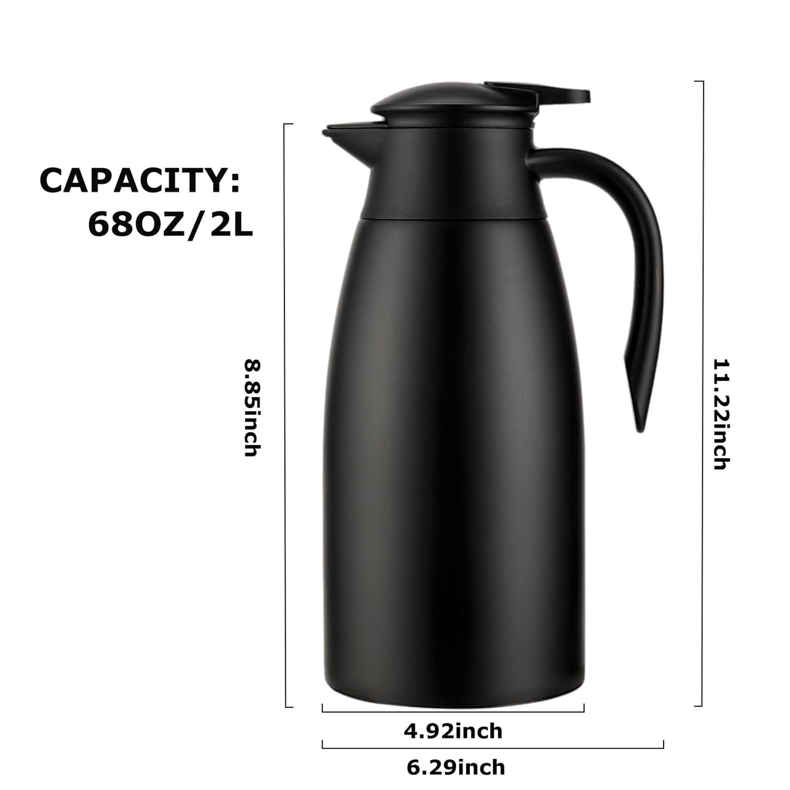 Tgvasz 68Oz Insulated Carafe for Hot Liquids/Thermal Coffee Carafe, Airpot Stainless Steel Coffee Carafes for Keeping Hot Coffee & Tea Hot -12Hours, Double Walled Vacuum Coffee Carafe (Black, 2L)