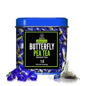blue tea - butterfly pea flower herbal tea - 15 pyramid tea bags | detox tea | direct from source - plant-based biodegradable tea bag | food coloring, blue, purple, pink iced tea, cooler & mocktails