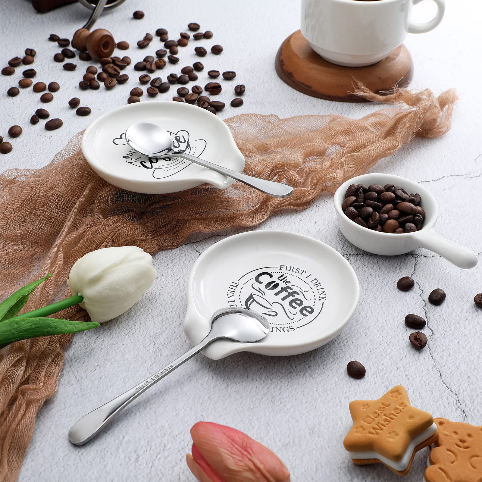 Gandeer 4 Pieces Coffee Spoon Rest and Spoon Funny Coffee Quote Ceramic Coffee Spoon Holder Rests for Coffee Station Decor Stove Top Countertop Kitchen Accessories Nice Present for Coffee Lovers