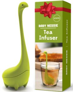 ototo baby nessie loose leaf tea infuser (purple) - dinosaur tea infuser strainer with steeping spoon - long handle neck, cute ball body lake monster silicone tea infuser for loose leaf herbal tea
