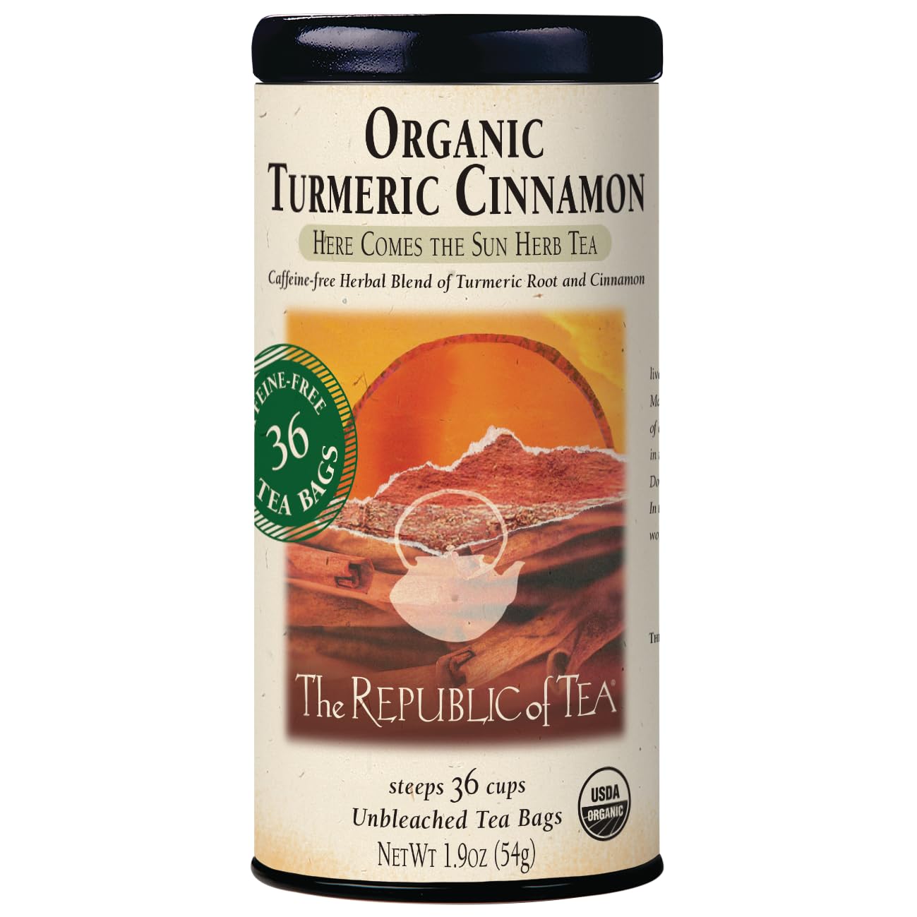 The Republic of Tea Organic Turmeric Cinnamon Herbal Tea, 36 Tea Bags, Naturally Caffeine-Free