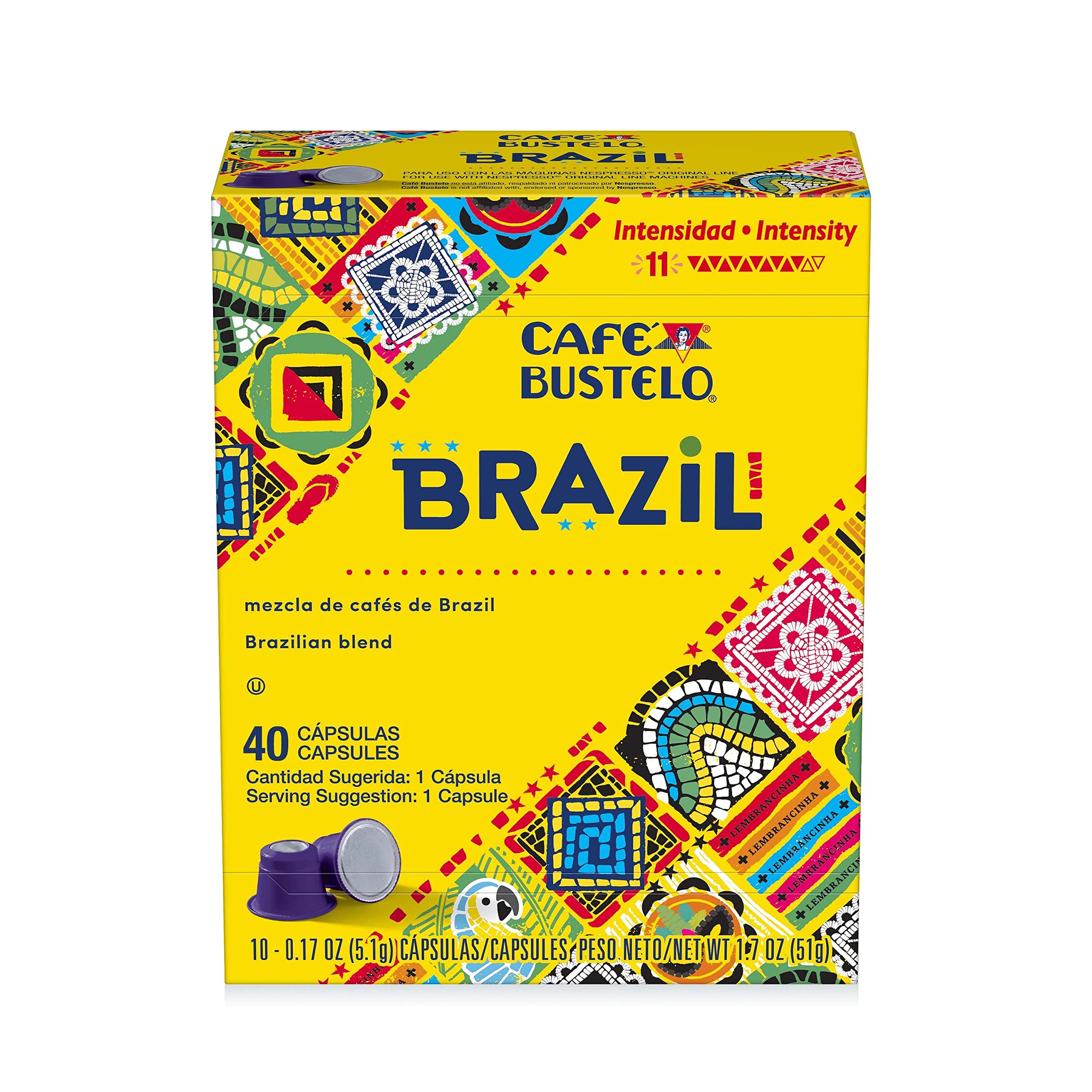 Cafe Bustelo Brazil Espresso Dark Roast Coffee, 40 Count Capsules for Espresso Machines, 11 Intensity (Capsule Color May Vary)