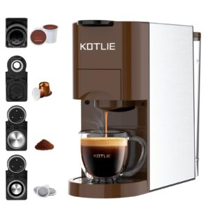 kotlie single serve coffee maker, 4 in1 espresso machine for nespresso original/k cups/l'or/ground coffee/illy coffee ese, 19bar espresso maker, 1450w fast heat coffee machine(coffee)