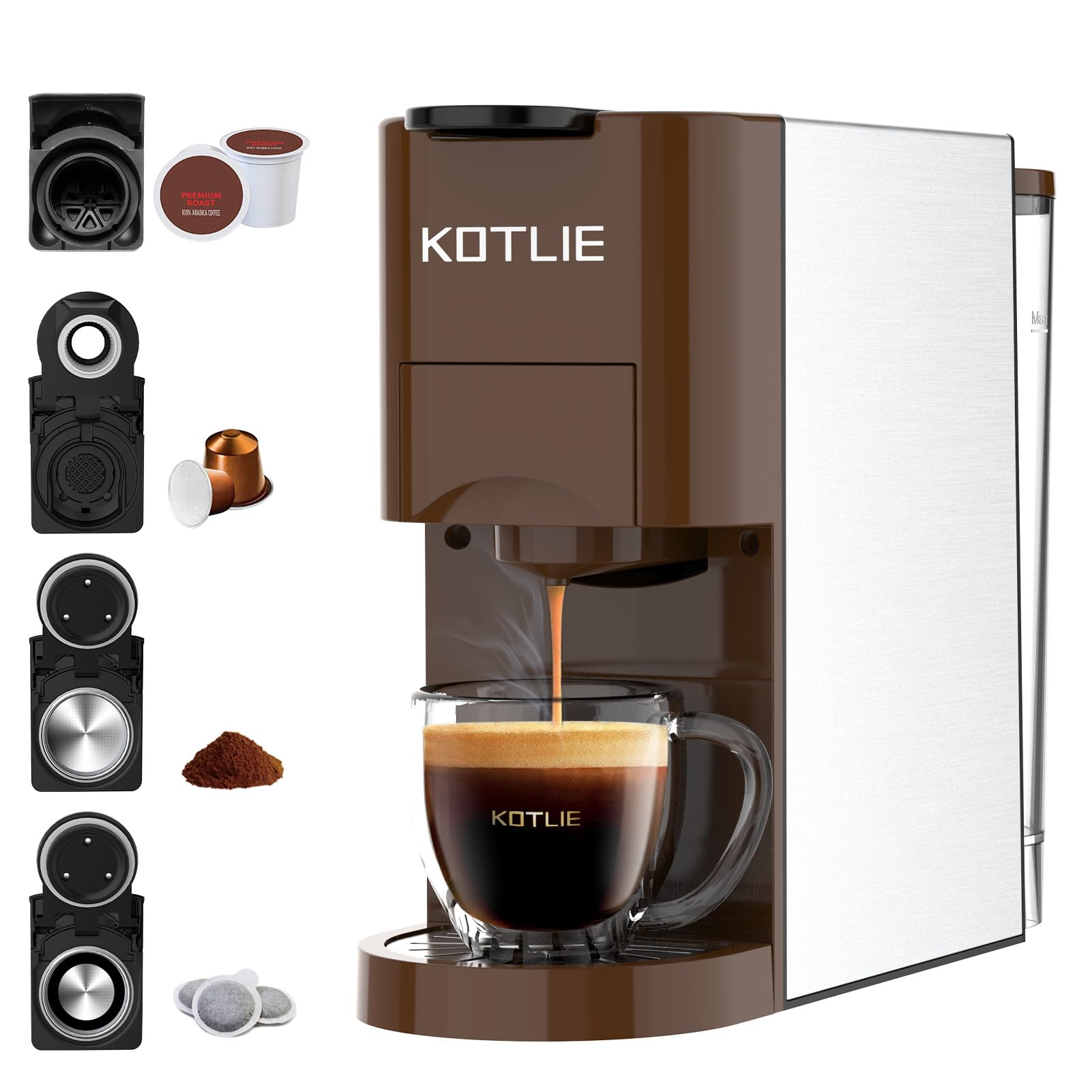 KOTLIE Single Serve Coffee Maker, 4 in1 Espresso Machine for Nespresso Original/K cups/L'OR/Ground Coffee/illy Coffee ESE, 19Bar Espresso Maker, 1450W Fast Heat Coffee Machine(Coffee)