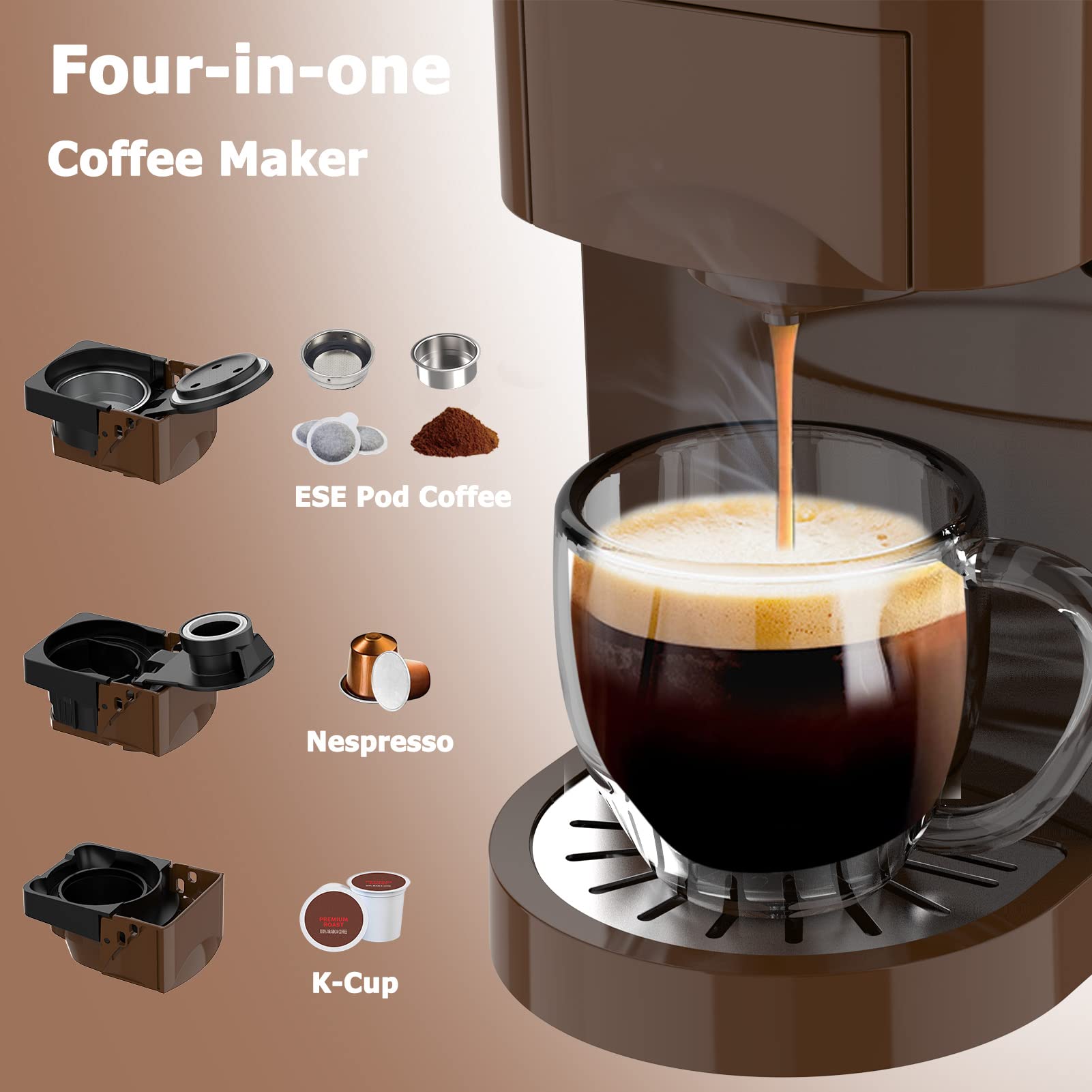 KOTLIE Single Serve Coffee Maker, 4 in1 Espresso Machine for Nespresso Original/K cups/L'OR/Ground Coffee/illy Coffee ESE, 19Bar Espresso Maker, 1450W Fast Heat Coffee Machine(Coffee)