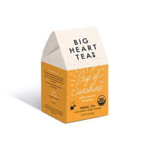 big heart tea co. ginger turmeric tea, certified organic tea bags (10 count) herbal caffeine free blend with adaptogenic tulsi, peppercorn, cinnamon - cup of sunshine