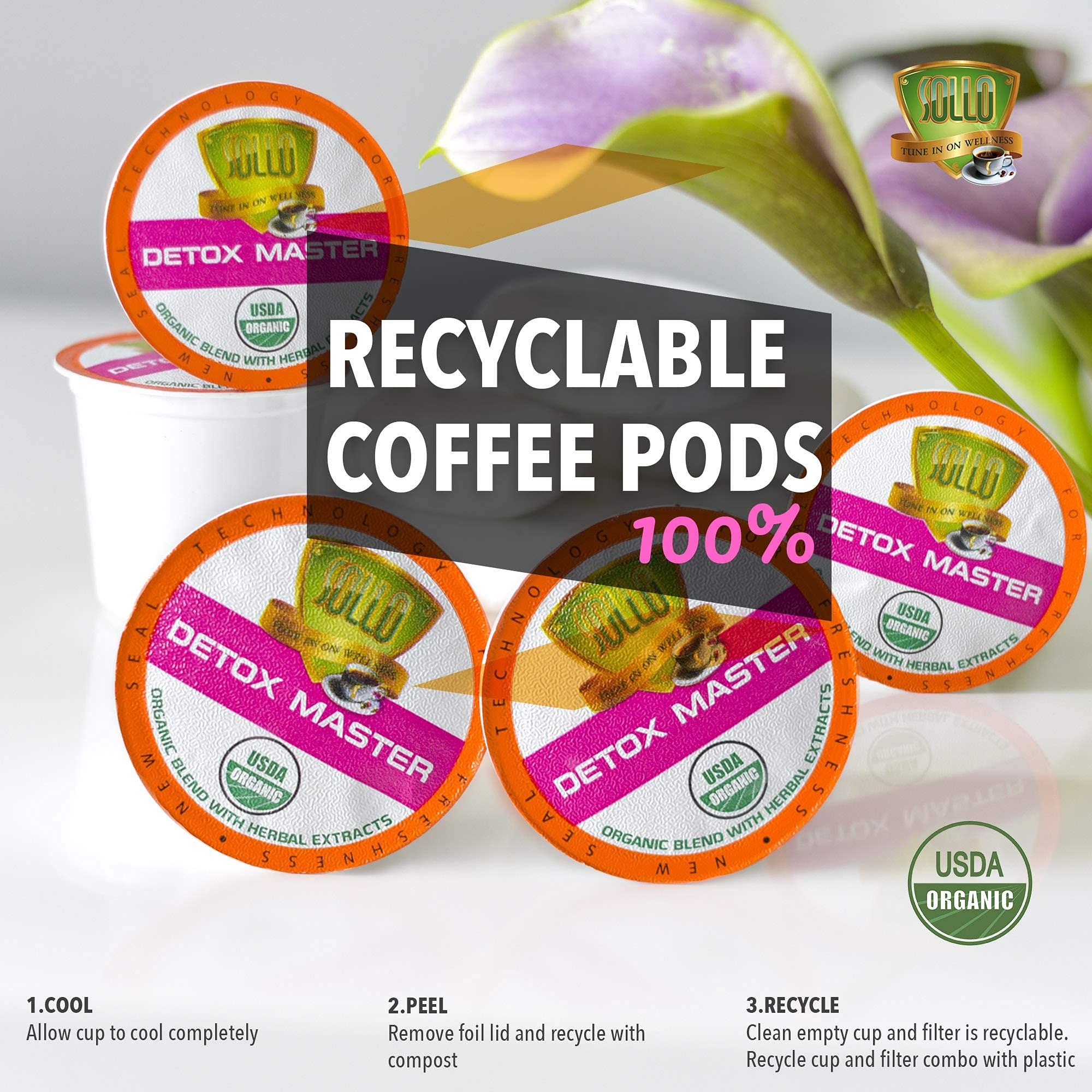 SOLLO Organic Detox Coffee Pods with Superfoods, Slimming & Cleansing Formula with Herbal Extracts, Bold and Smooth, Compatible with Keurig 2.0 Brewers, 24 K-Cup