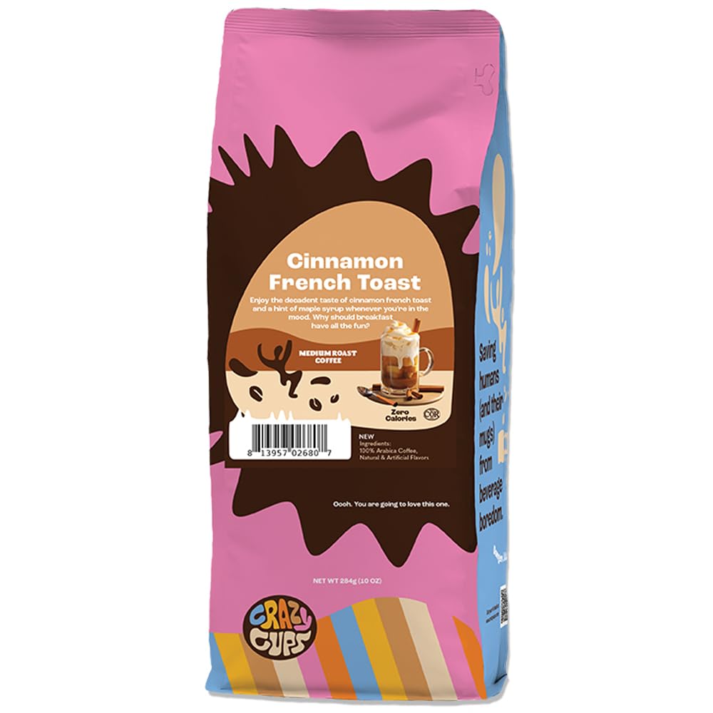 Crazy Cups Flavored Ground Coffee, Cinnamon French Toast, in 10 oz Bag, For Brewing Flavored Hot or Iced Coffee