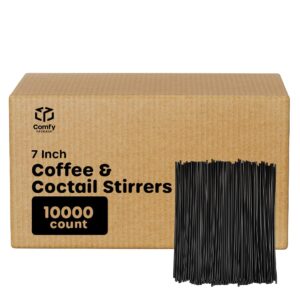 comfy package [case of 10,000] 7 inch plastic sip stirrers/straws - disposable stir sticks for coffee & cocktail - black