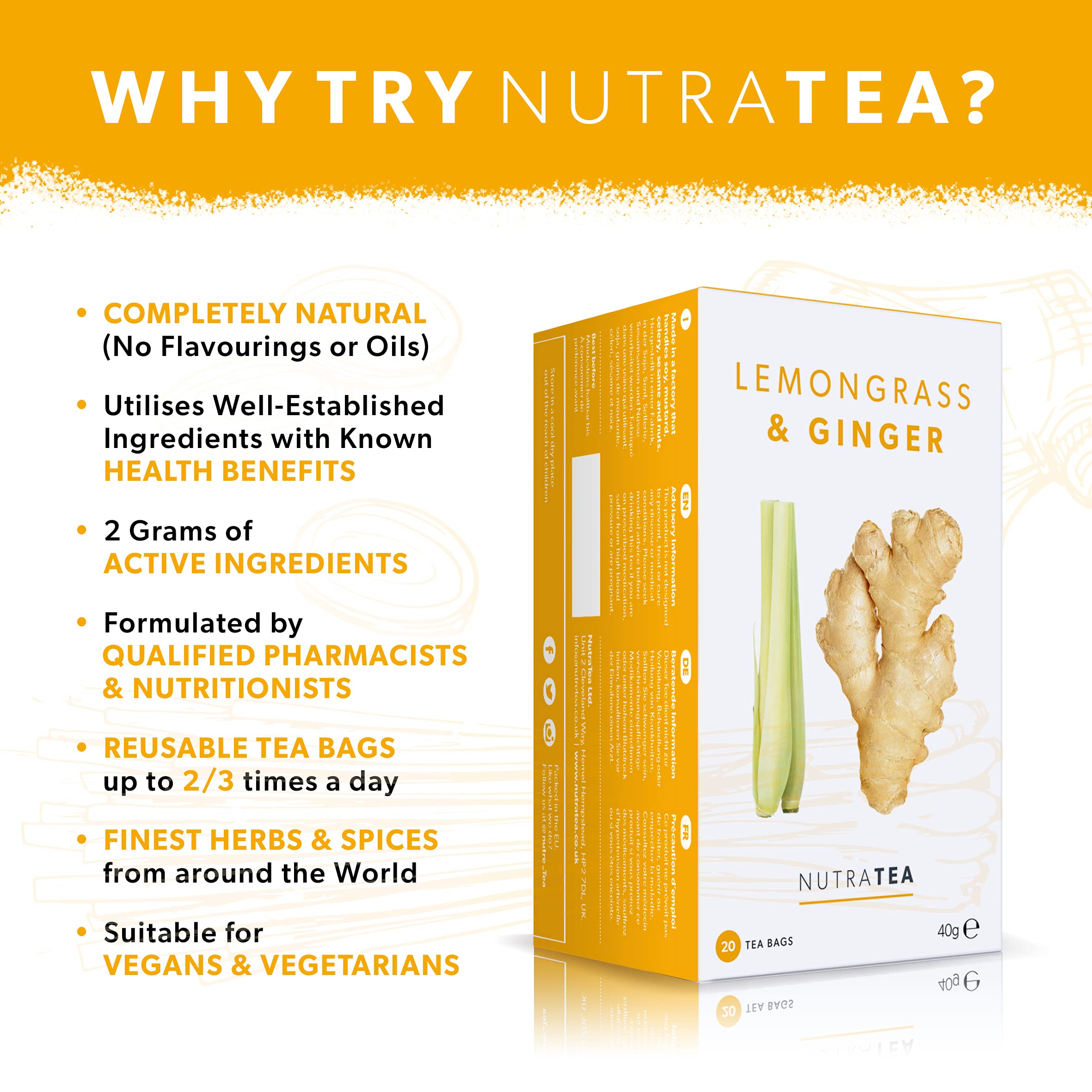 Nutra Tea - Lemongrass & Ginger Tea - 20 Tea Bags - Herbal Tea