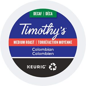 timothy's, colombian decaf , single-serve keurig k-cup pods, medium roast coffee, 96 count (4 boxes of 24 pods)