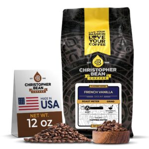 christopher bean coffee - french vanilla flavored coffee, (decaf ground) 100% arabica, no sugar, no fats, made with non-gmo flavorings, 12-ounce bag of decaf ground coffee