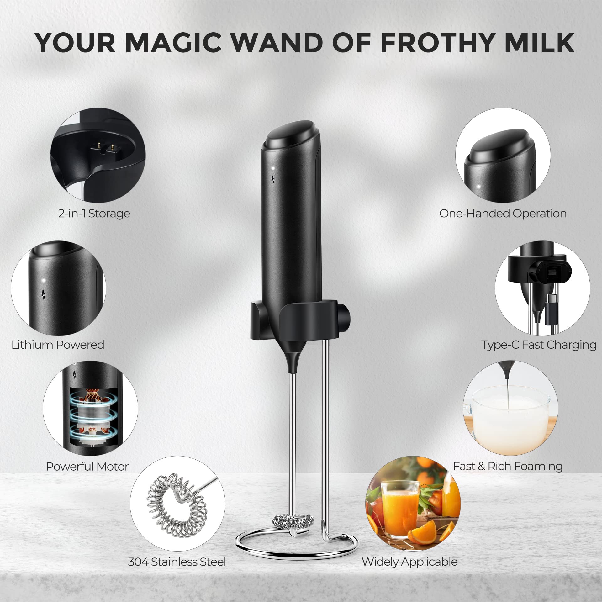 Flendy Rechargeable Milk Frother Handheld, Coffee Frother Handheld Rechargeable with USB C Integrated Charging Stand, Electric Drink Mixer Handheld, Mini Electric Whisk Frother for Coffee, Matcha, etc