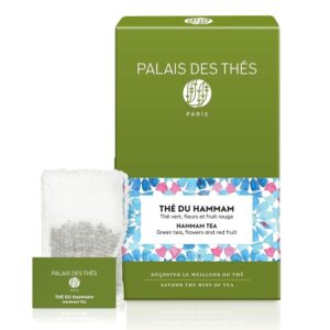 palais des thés - thé du hammam - premium green tea with berries, green dates, rose, and orange flower water - 20 count biodegradable cotton tea bags box