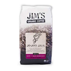 jim’s organic coffee – jo-jo’s java blend – medium/light roast, ground coffee, 12 oz bag