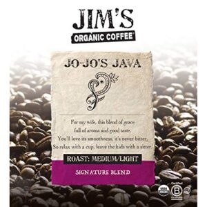 Jim’s Organic Coffee – Jo-Jo’s Java Blend – Medium/Light Roast, Ground Coffee, 12 oz Bag