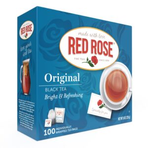 red rose original full flavored black tea specially blended strong black tea with 100 tea bags, contains caffeine brew hot/cold original black tea