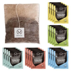 mondo single serve coffee bags (20 cups) variety pack - organic, medium roast - disposable, portable coffee filters for camping and travel, sampler box of 5 ground coffee flavors