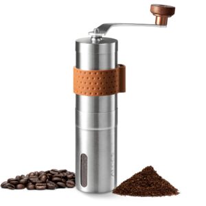alocs manual coffee grinder, stainless steel coffee bean grinder, adjustable ceramic conical burr coffee grinder, portable coffee grinders for home use, office, travel and camping