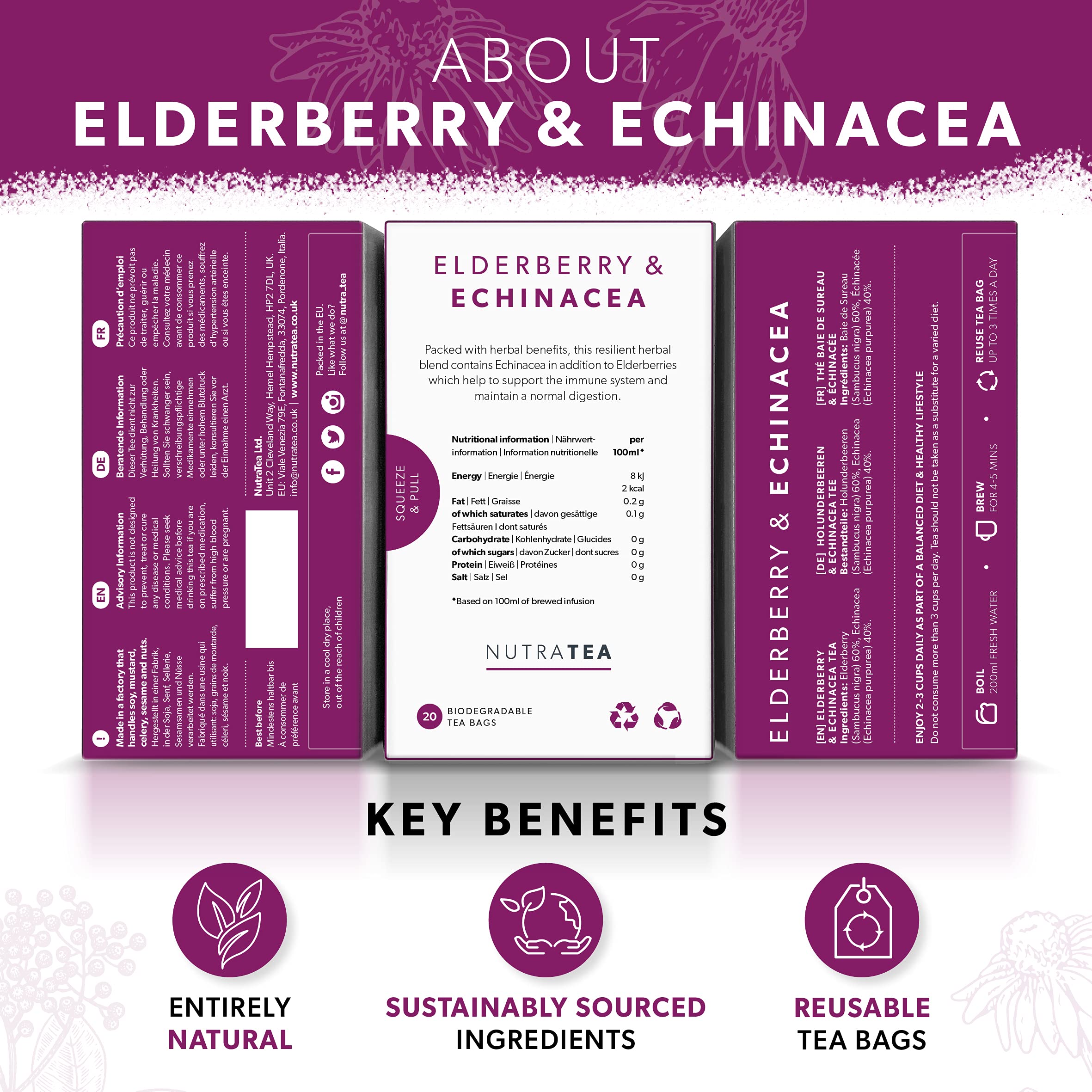 Nutra Tea - Elderberry & Echinacea Tea | Elderberry Tea - Immunity Tea | Immune Tea - 20 Tea Bags - Herbal Tea