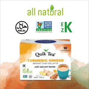 QuikTea Turmeric Ginger Chai Tea Latte - 10 Count Single Box - All Natural Preservative Free Authentic Instant Chai from Assam