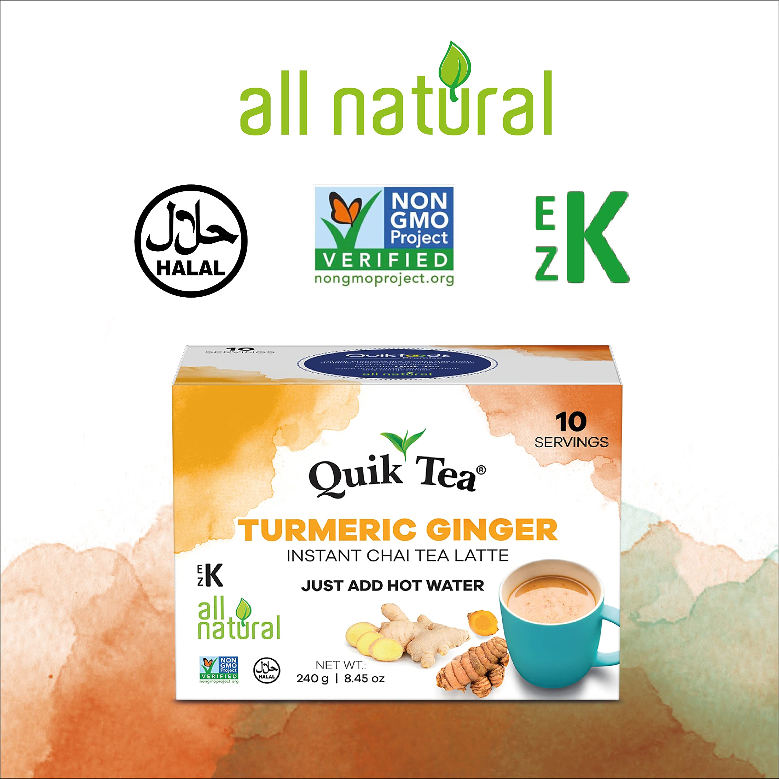 QuikTea Turmeric Ginger Chai Tea Latte - 10 Count Single Box - All Natural Preservative Free Authentic Instant Chai from Assam