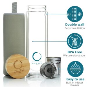 Pure Zen Tea Infuser Bottle - Insulated Glass Bottle for Loose Leaf Tea - Tea Tumbler with Infuser - Portable Travel Mug for Infused Water - Tea Diffuser Thermos on the Go - 15 oz