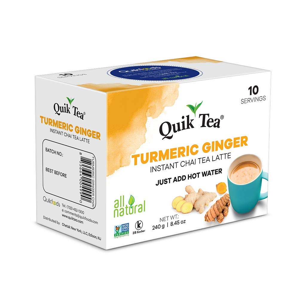 QuikTea Turmeric Ginger Chai Tea Latte - 10 Count Single Box - All Natural Preservative Free Authentic Instant Chai from Assam