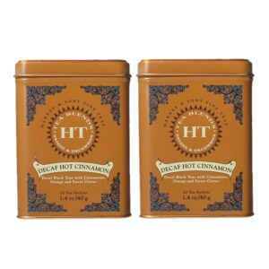 harney & son's decaf hot cinnamon tea tin 20 sachets (1.4 oz ea, two pack) - decaffeinated black tea blended with cinnamon, orange, and sweet cloves - 2 pack 20ct sachet tins (40 sachets)