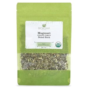 biokoma pure and organic mugwort dried herb 50g (1.76oz) in resealable moisture proof pouch, usda certified organic - herbal tea, no additives, no preservatives, no gmo