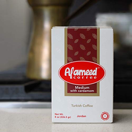 Al Ameed Gourmet Turkish Ground Coffee Medium Roast With Cardamom, 100% Authentic Arabica, Fresh & Finely Ground, 8oz