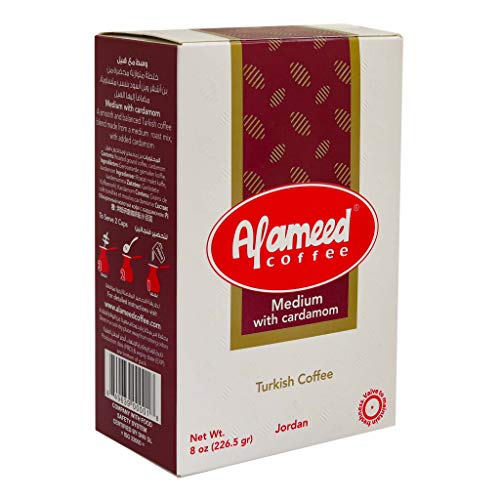 Al Ameed Gourmet Turkish Ground Coffee Medium Roast With Cardamom, 100% Authentic Arabica, Fresh & Finely Ground, 8oz