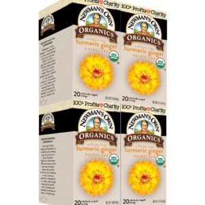 Newman’s Own Organic Turmeric Ginger Herbal Tea Caffeine-Free May Aid Digestion and Boost Immunity Turmeric Tea with20 Individually Wrapped Tea Bags Per Box (Pack of 4) USDA Certified
