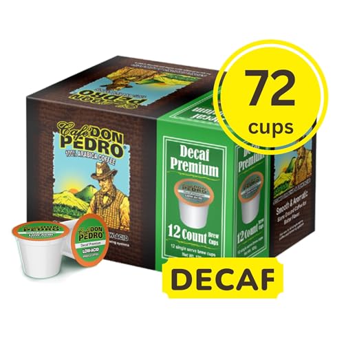 Cafe Don Pedro Decaf Premium Low Acid Coffee Pods - Enjoy Tasty Coffee Without Jitters - Compatible with Keurig K-cup Coffee Maker, 72 count