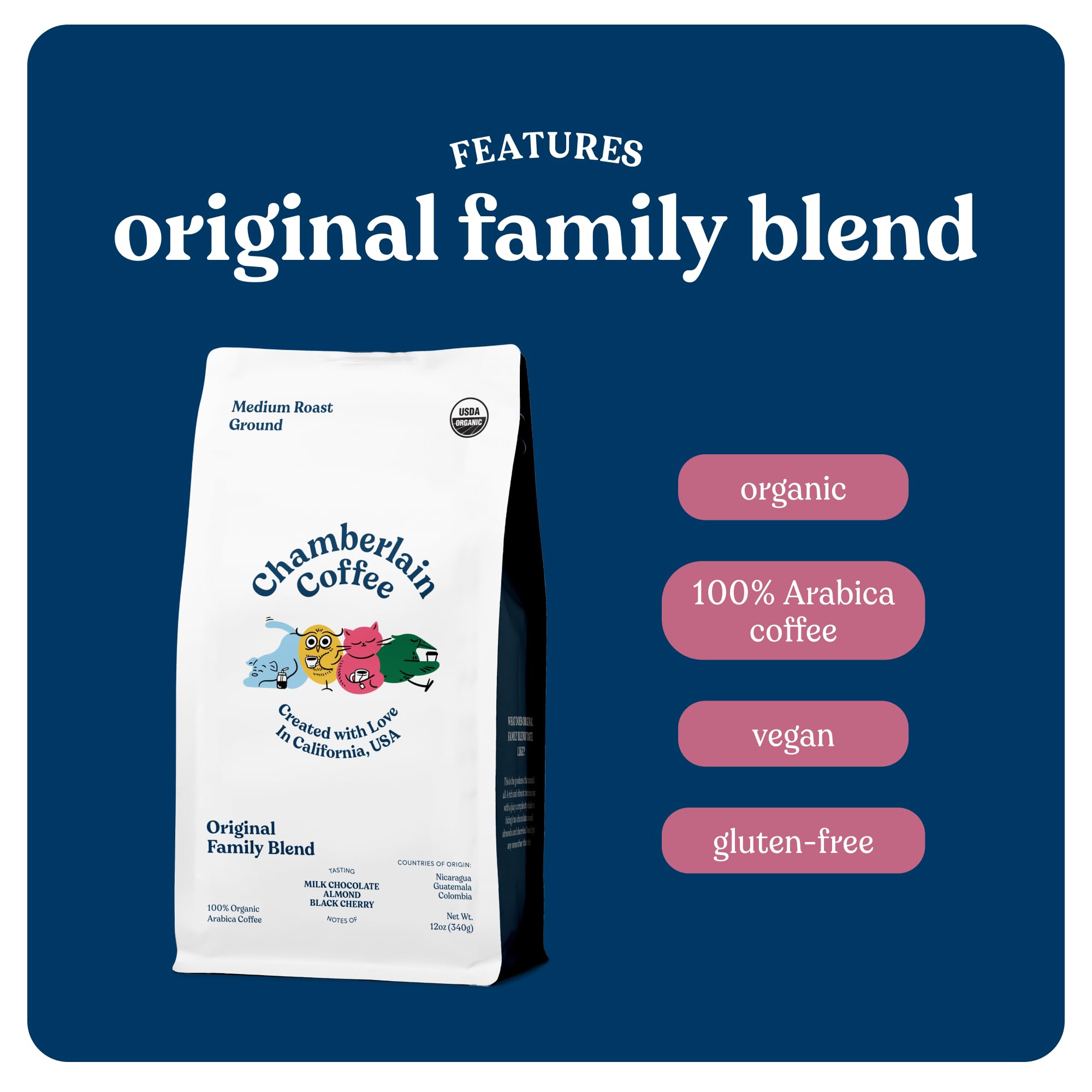 Chamberlain Coffee The Original Family Blend - Medium Roast Ground Coffee Beans with Notes of Milk Chocolate, Almond & Black Cherry - Specialty Ground Coffee Freshly Roasted In California - 12 oz