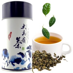 oolong loose leaf tea in aesthetic tea tin, 70 cups of fresh, smooth aromatic high mountain oolong tea from taiwan, alishan tea district, for relaxation, peace and health, long lasting, unsweetened