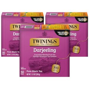 twinings darjeeling tea - a delicate, dry black tea, sophisticated coffee alternative with less caffeine, individually wrapped tea bags, 50 count (pack of 3)