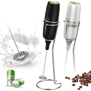 bonsenkitchen electric milk frother handheld, portable whisk milk foam maker with stainless steel stand, battery operated drink hand mixer for coffee, matcha, electric stirrer coffee mixer wand