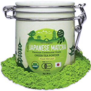 matcha organics - premium ceremonial grade matcha green tea powder - authentic 1st harvest japanese green tea - usda & jas organic - perfect for ceremonial matcha latte powder smoothies 30g tin 1.06oz
